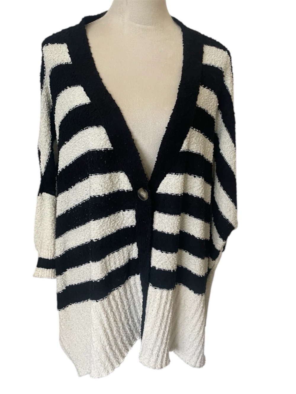 First Love By Lovelyn Cozy Black & Cream Striped Open-Front Oversized Cardigan - Picture 3 of 7